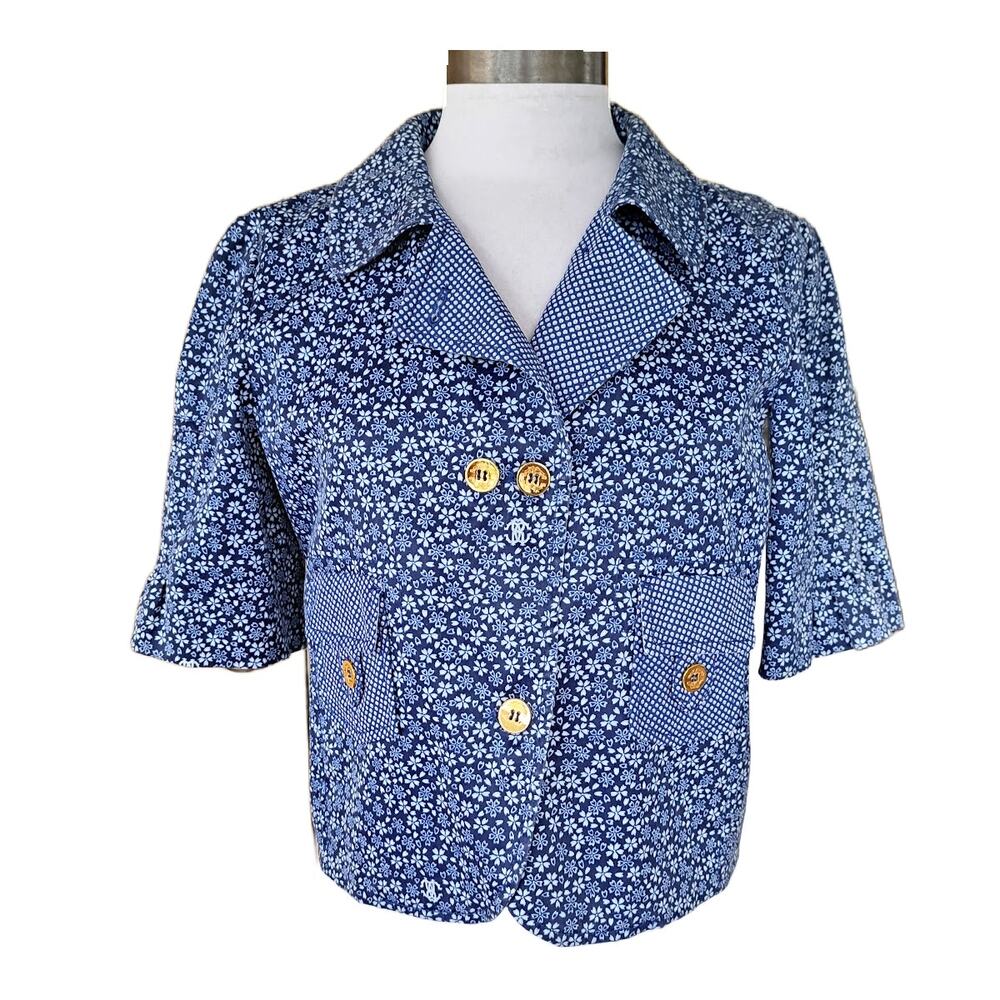 ROBERTO CAVALLI Blue Floral Short Sleeve Cropped Jacket Blazer US 4 Gold Buttons